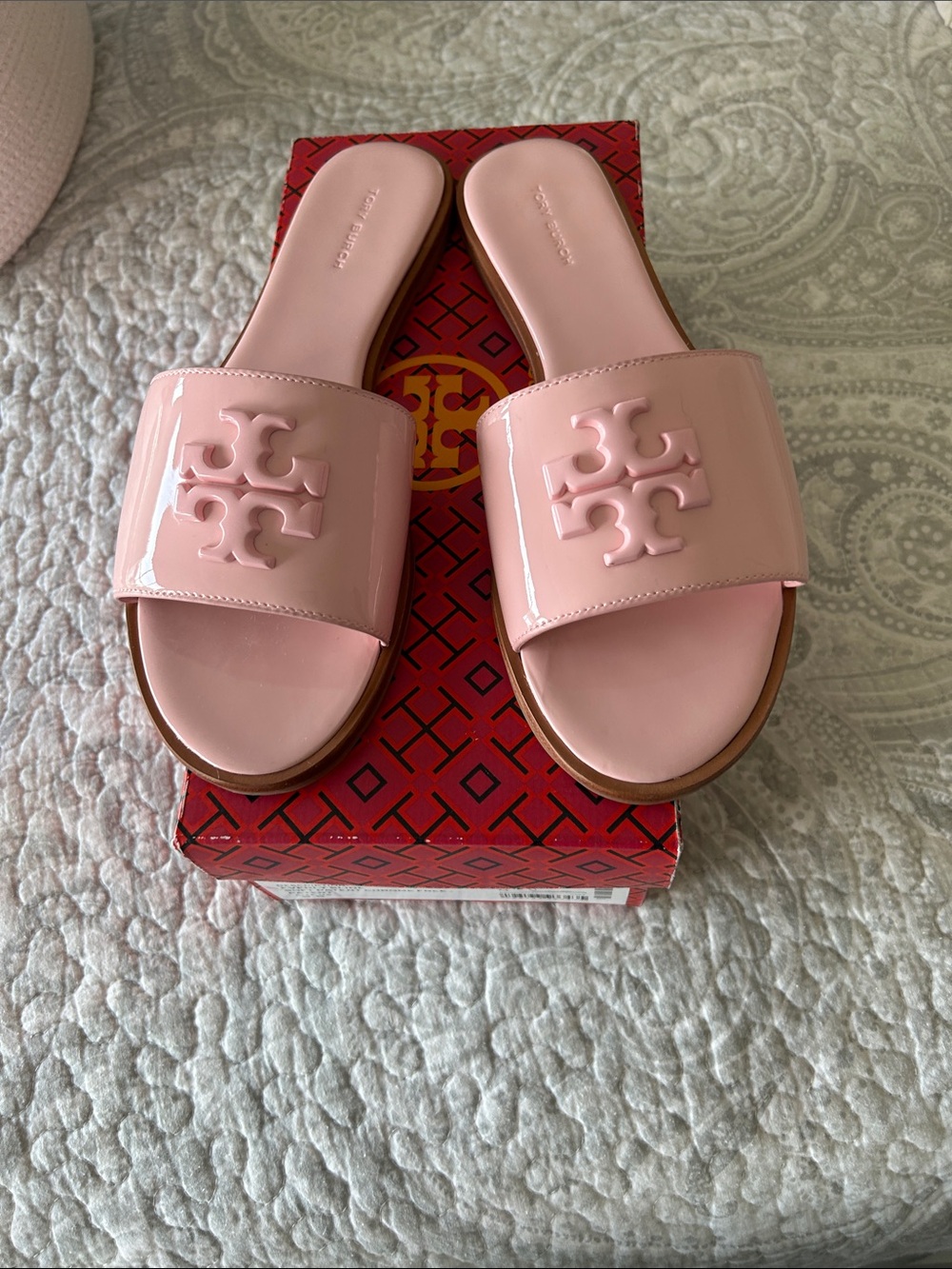 Tory Burch Light Pink Patent Logo Slide Sandals